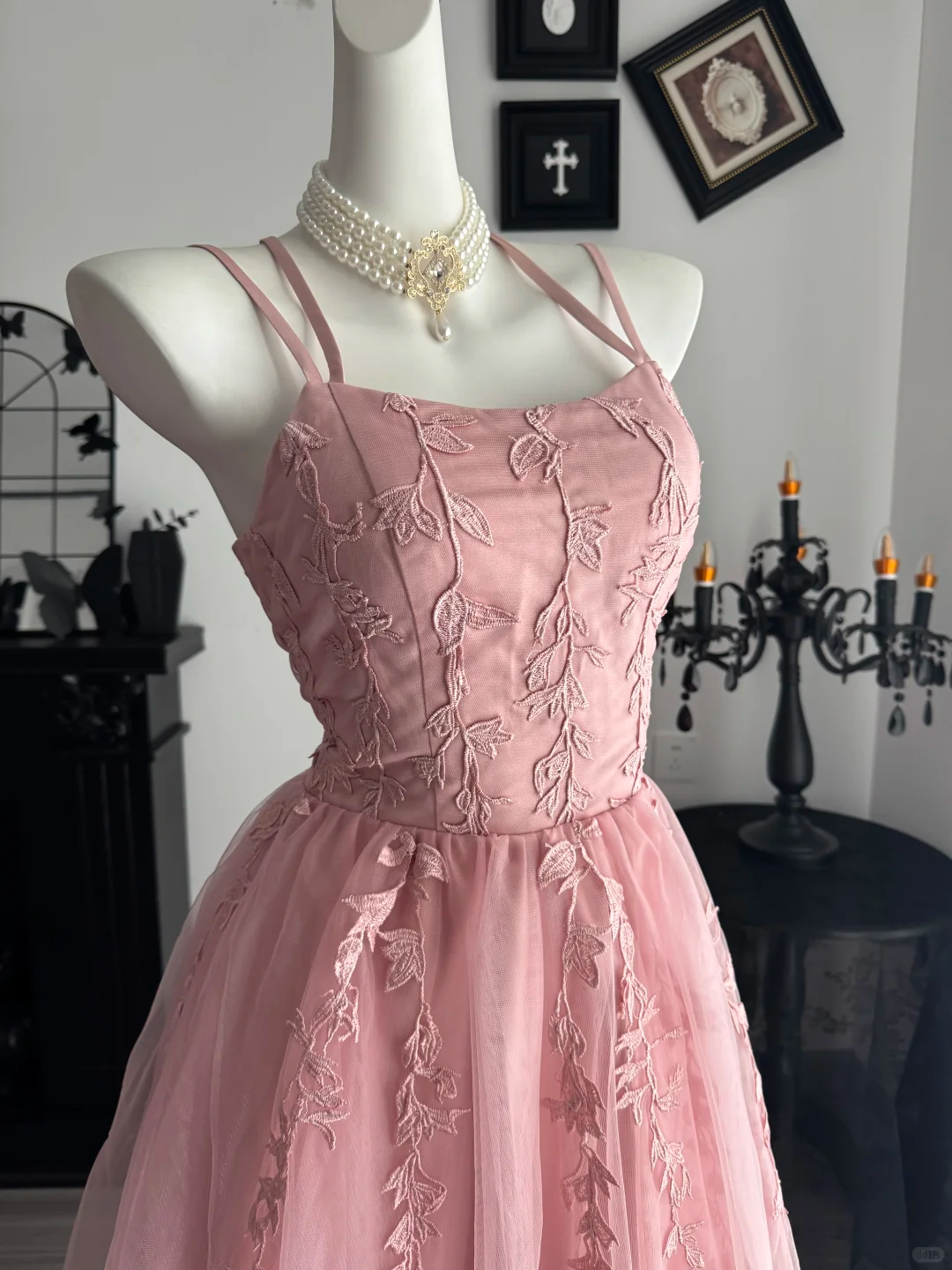 Elegant Spaghetti Straps Tulle Appliques Long Wedding Guest Dress,Pink Evening Dress D3725