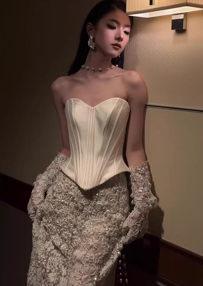 Fairy Strapless White Lace Pearls Mermaid Evening Dress Birthday Party Gown With Gloves D2220