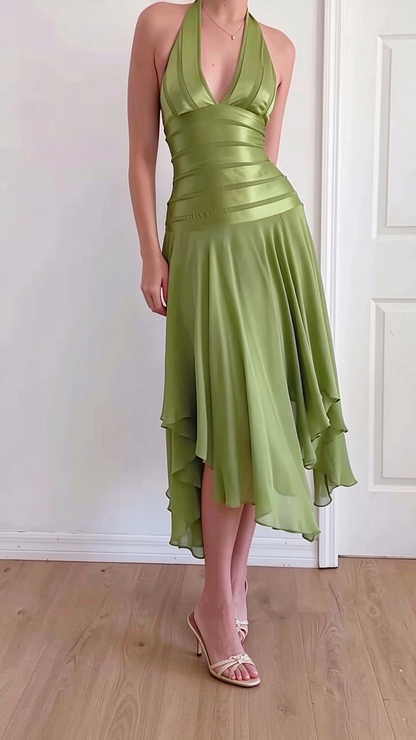 Pretty Olive Green Satin Chiffon Long Party Dress Halter V Neck  Prom Dress D5093