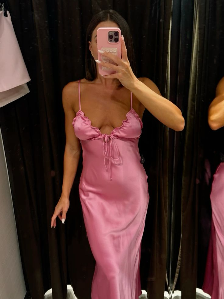 Sexy Spaghetti Straps Satin Long Wedding Guest Dress,Hot Pink Backless Long Party Dress D3486