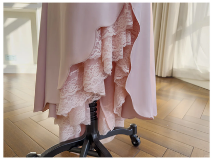 Classy Spaghetti Straps Peach Pink V Neck Satin Lace Mermaid Long Party Dress Birthday Dress D2942