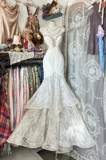 Retro Sweetheart Neck Satin Lace Long Wedding Guest Dress White Mermaid Long Evening Dress D4530