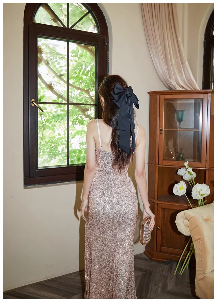Sparkly Spaghetti Straps Champagne Gold Sequin Slit Mermaid Long Prom Dress Evening Gown D2432