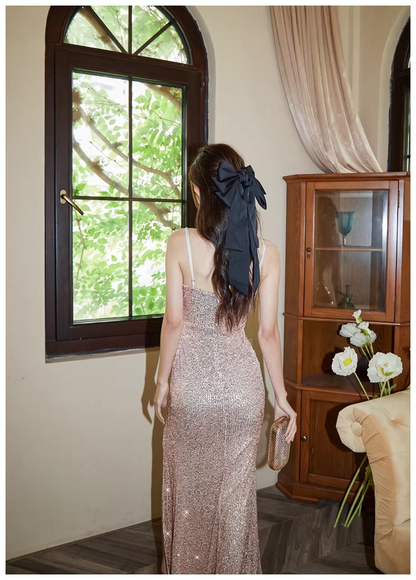 Sparkly Spaghetti Straps Champagne Gold Sequin Slit Mermaid Long Prom Dress Evening Gown D2432