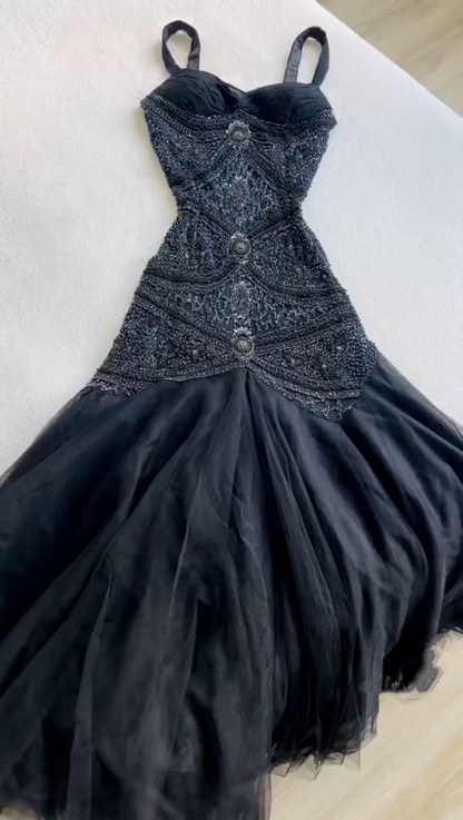 Vintage Navy Blue Spaghetti Straps Tulle Beaded Mermaid Long Evening Dress Party Gown D1482