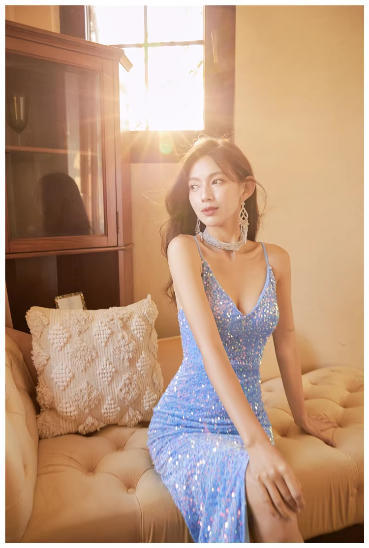 Sparkly Spaghetti Straps V Neck Blue Sequin Mermaid Slit Long Evening Dress Formal Wedding Guest Dress D2404