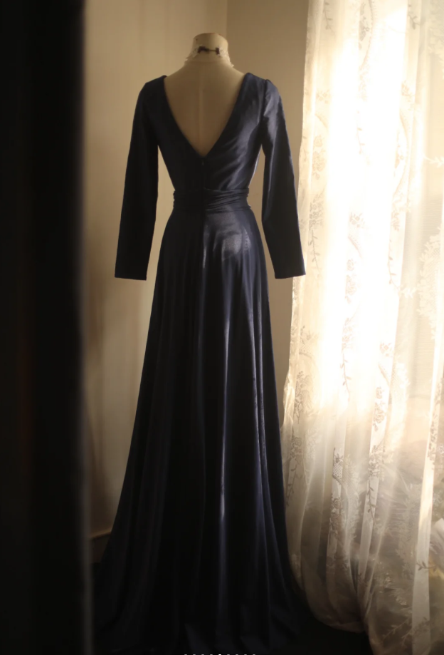 Elegant V Neck Navy Blue Satin Mermaid Long Wedding Guest Dress Formal Birthday Evening Dress D2204