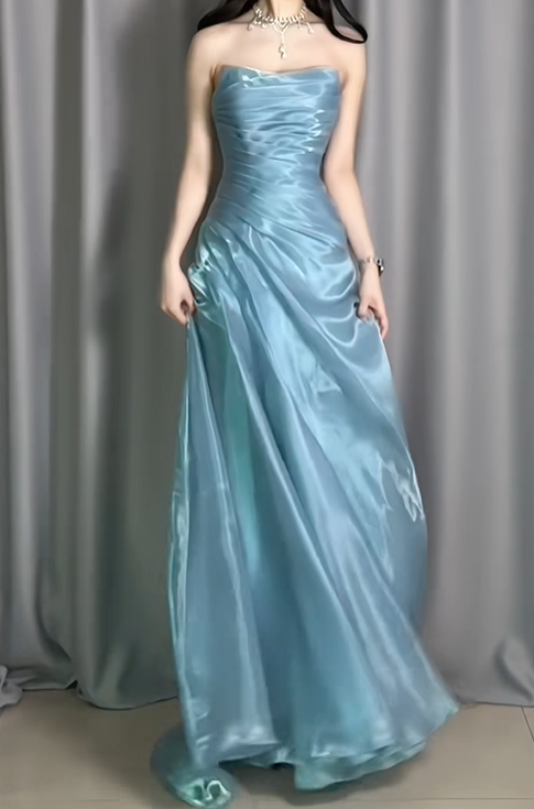 Glamorous Strapless Blue Organza Pleated Mermaid Long Prom Dress Birthday Evening Dresses D2485