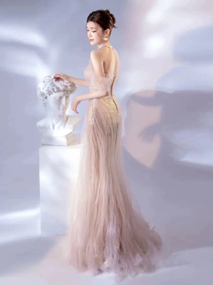 Sexy Mermaid Halter Pink Sequin Long Prom Dress Evening Dress Formal Dress SD1819