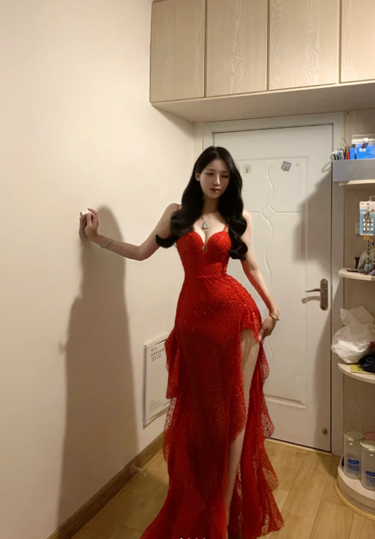 Sexy Spaghetti Straps Red Sequin Ruffle Long Evening Dress Formal Prom Gown D843
