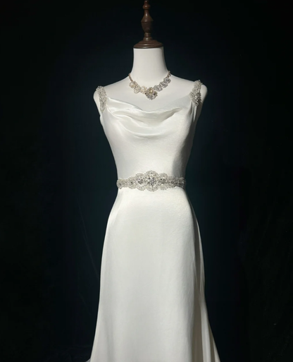 Pretty White Satin Beaded Mermaid Long Wedding Guest Dress Formal Party Dress Evening Gown D1994