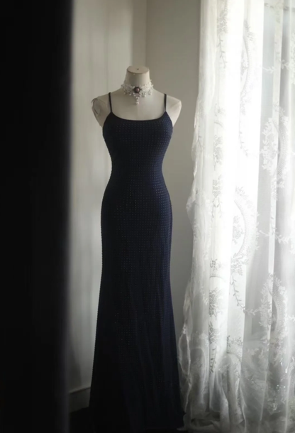 Classy Spaghetti Straps Navy Blue Beaded Mermaid Long Evening Dress Formal Wedding Guest Dress D2197