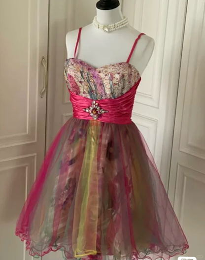 Vintage Spaghetti Straps Tulle Sequin Beaded Mini Homecoming Dress Party Dress S542