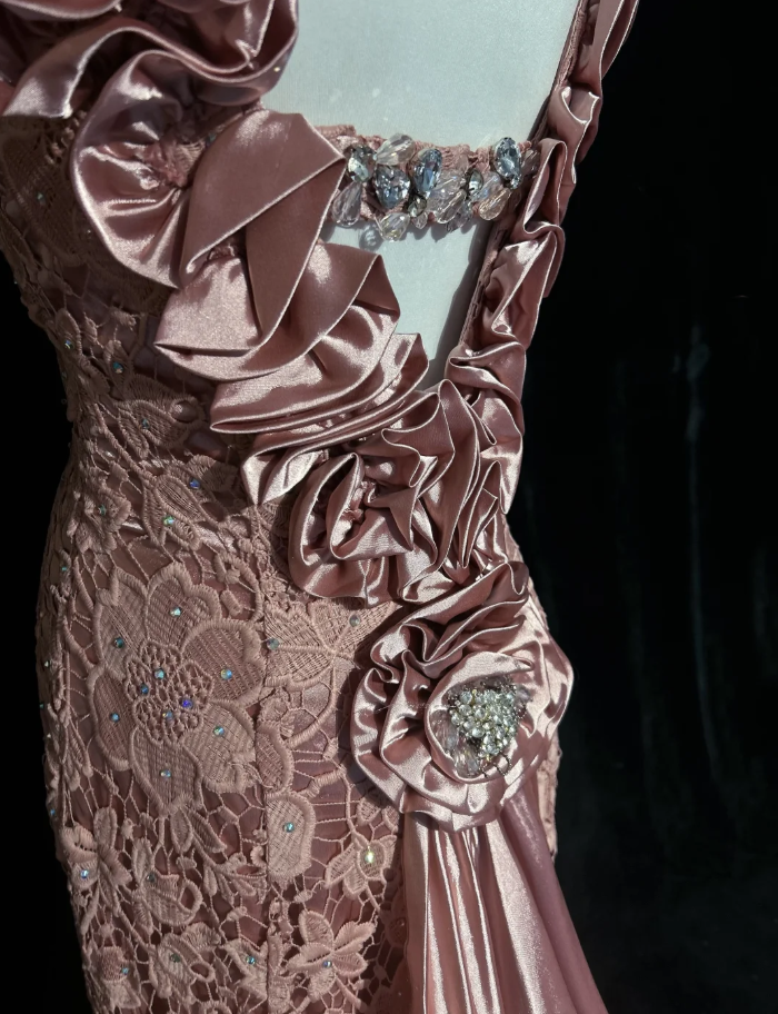 Pretty Pink V Neck Lace Mermaid Birthday Prom Dress Long evening Dress Party Gown D2063