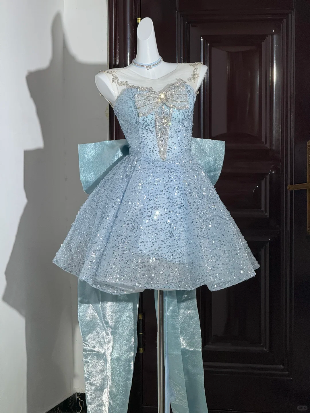 Glitter Light Blue Sequin Beaded A Line Short Homecoming Dress Birthday Outfits With Bow D3300