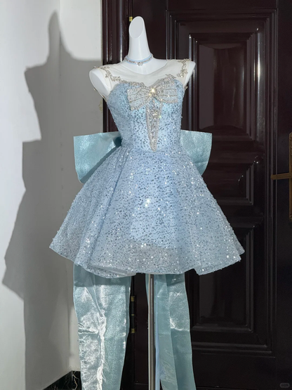 Glitter Light Blue Sequin Beaded A Line Short Homecoming Dress Birthday Outfits With Bow D3300
