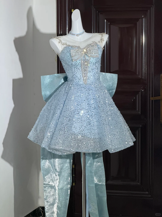 Glitter Light Blue Sequin Beaded A Line Short Homecoming Dress Birthday Outfits With Bow D3300
