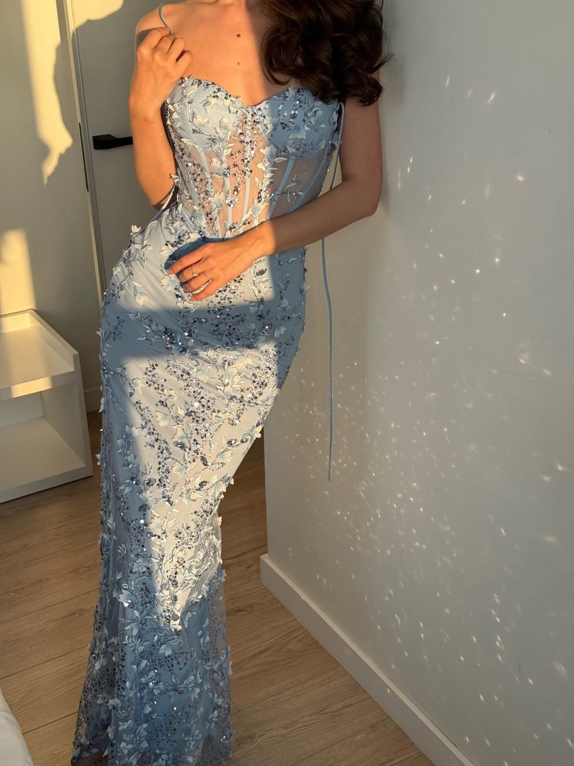 Elegant Spaghetti Straps Blue Satin Tulle Appliques Mermaid Long Party Dress Evening Gown D3565