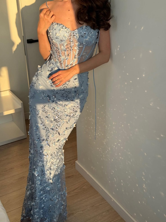 Elegant Spaghetti Straps Blue Satin Tulle Appliques Mermaid Long Party Dress Evening Gown D3565