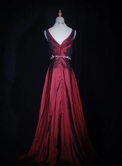 Vintage Burgundy V Neck Satin Embroidery Floral Mermaid Long Wedding Guest Dress Formal Birthday Evening Gown D2285