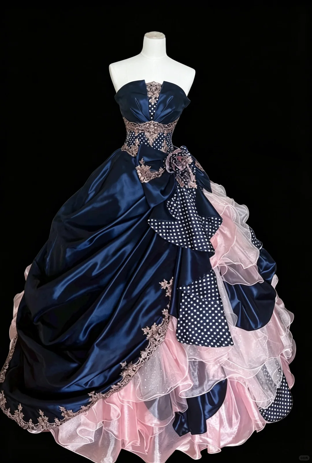 Retro Ball Gown Navy Blue Pink Satin Tulle Appliques Quinceanera Dress With Bow D5279