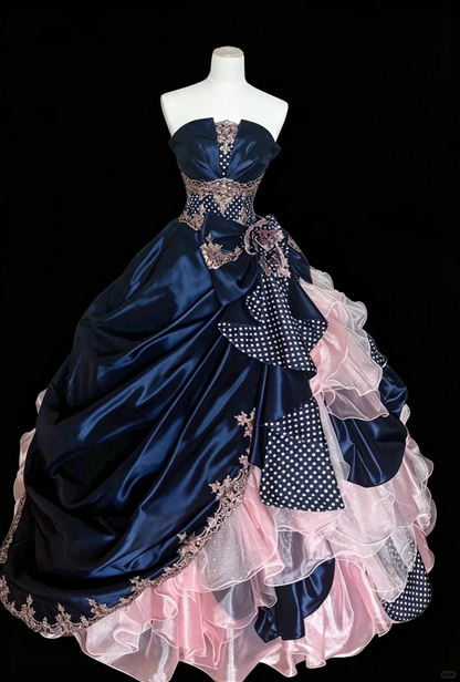 Retro Ball Gown Navy Blue Pink Satin Tulle Appliques Quinceanera Dress With Bow D5279