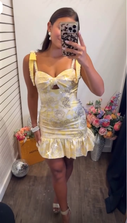 Fashion Spaghetti Straps Yellow Satin Print Floral Short Homecoming Dress Cocktail Dress D4008