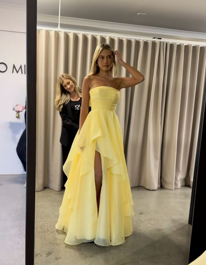 Classy Strapless Yellow Tulle Slit Long Prom Dress Formal Birthday Party Dress D1141