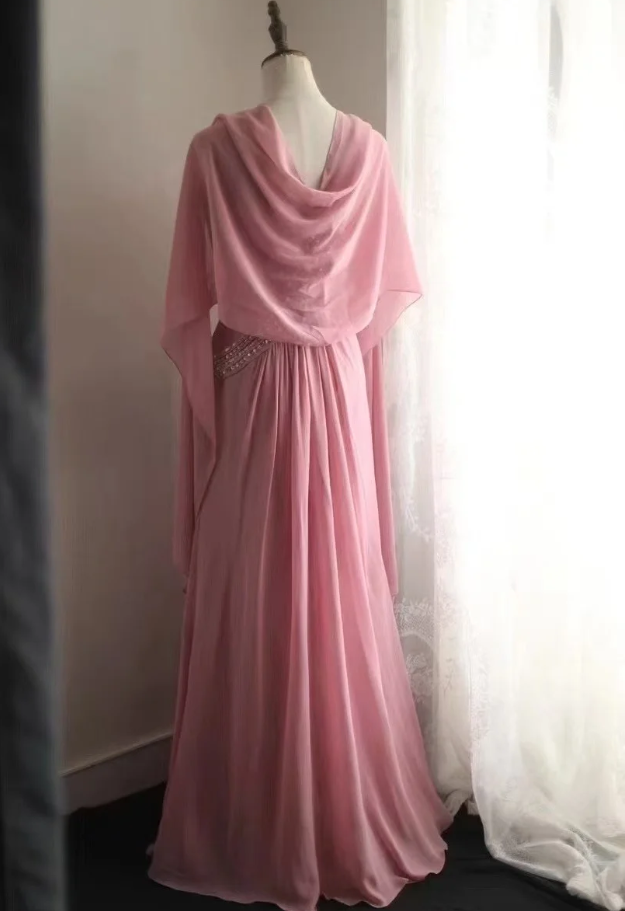 Fairy Pink Chiffon Sequin Beaded Mermaid Long Party Dress Birthday Evening Gown D2206