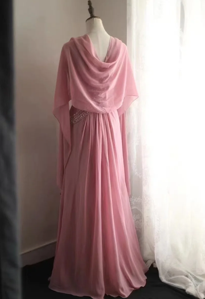 Fairy Pink Chiffon Sequin Beaded Mermaid Long Party Dress Birthday Evening Gown D2206