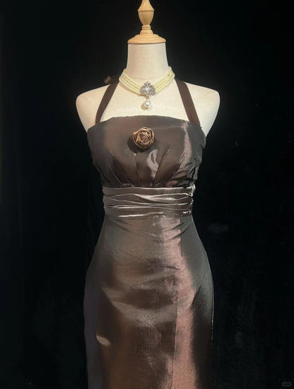 Vintage Dark Brown Satin Sheath Short 7th Grade Homecoming Dress,Halter Mini Party Dress D3384