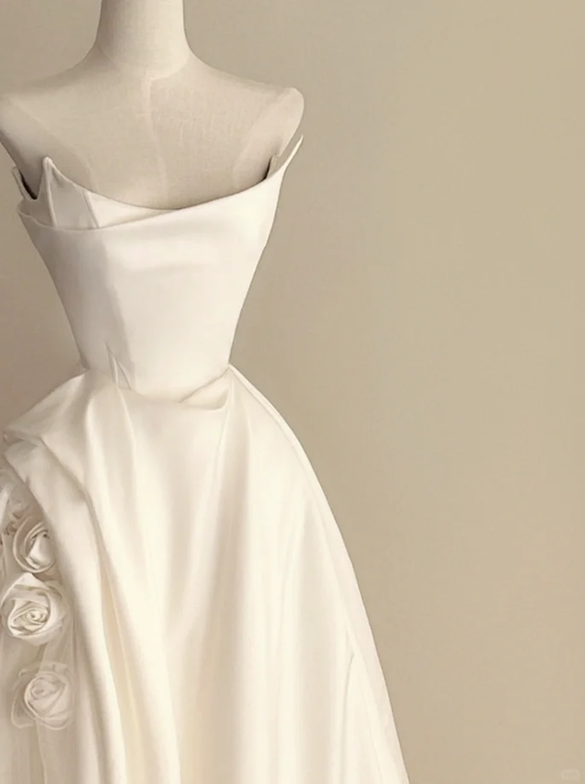 Pretty White Strapless Satin Long Wedding Dress Bridal Gowns D3086