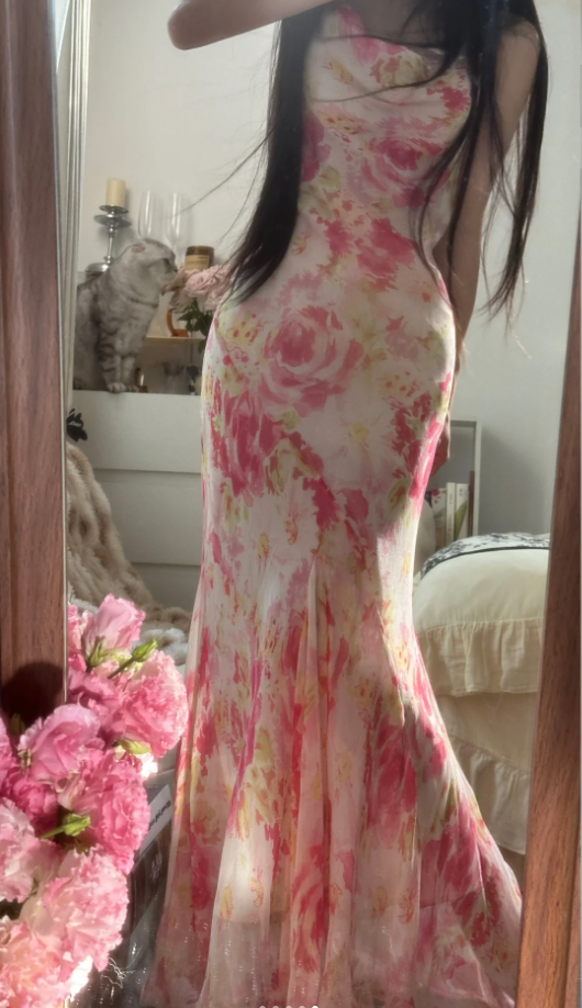Fairy Spaghetti Straps Pink Chiffon Rose Floral Mermaid Long Party Dress 18th Birthday Outfits D2301