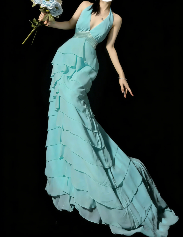 Classy Halter V Neck Blue Chiffon Tiered Ruffle Mermaid Long Party Dress Evening Dress D4890