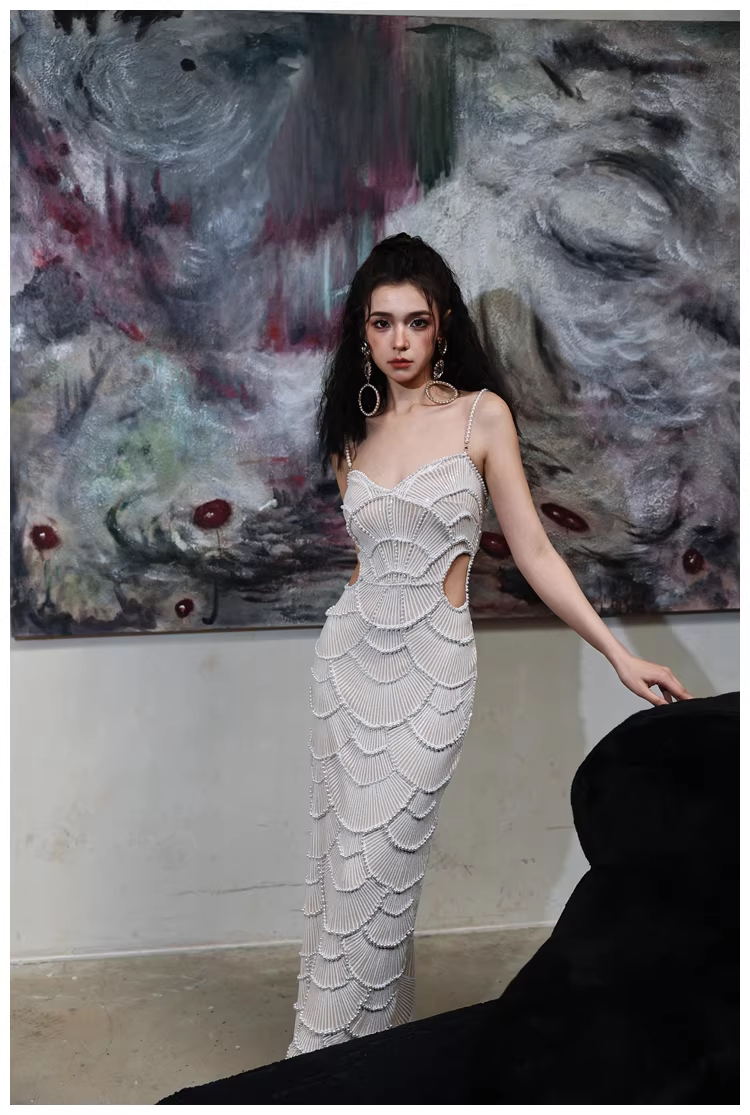 Unique Spaghetti Straps Sequin Pearls Sheath Slit Long Party Dress Birthday Evening Gown D2452