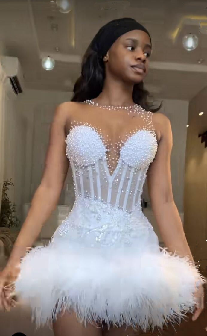Charming Sleeveless White Satin Beaded Feathers Short Homecoming Dress Cocktail Dress D4457