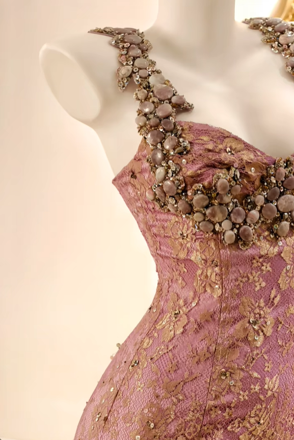 Retro Pink Satin Lace Beaded Sheath Prom Dress Party Dress D2738