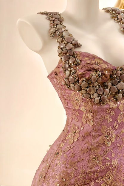 Retro Pink Satin Lace Beaded Sheath Prom Dress Party Dress D2738