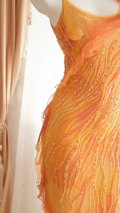 Glamorous Spaghetti Straps Orange Chiffon Ruffle Beaded Mermaid Long Prom Dress Party Gown D2895