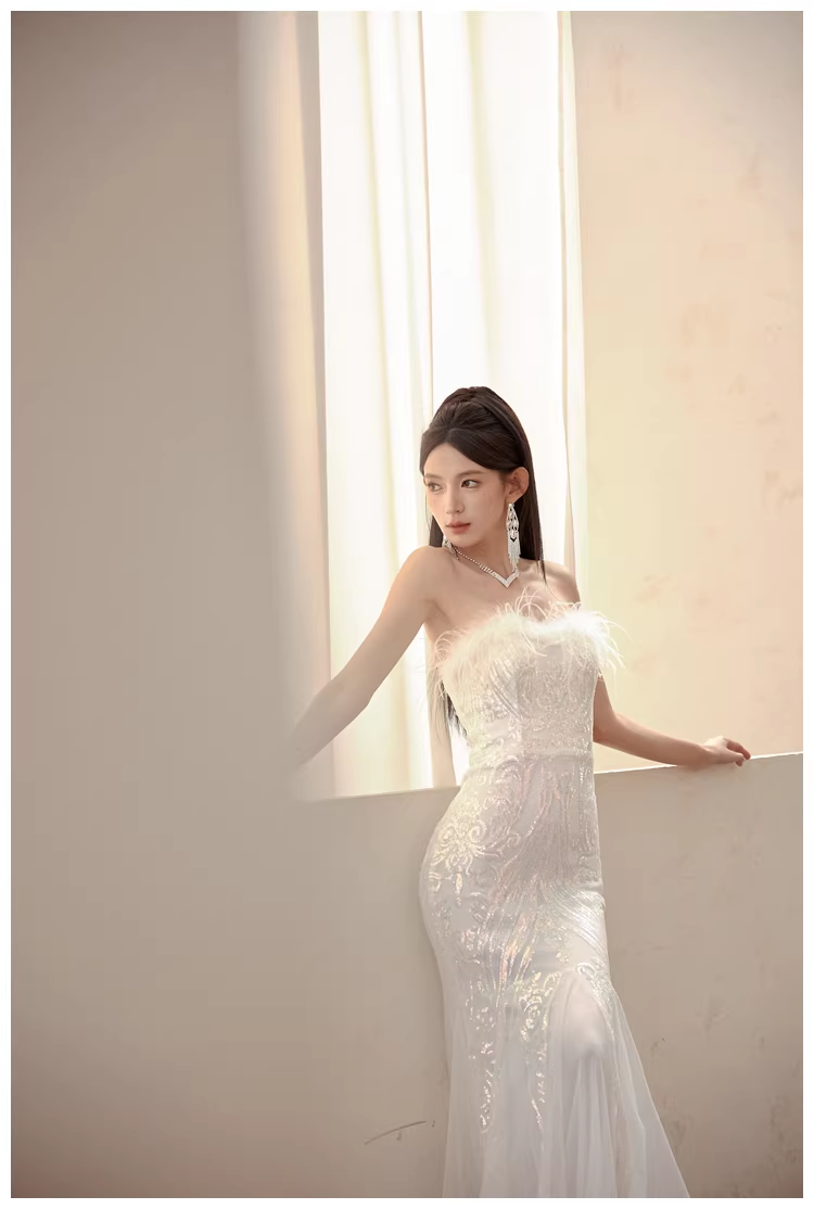 Classy Feathers Strapless White Tulle Sequin Mermaid Long Evening Dress Prom Dresses D2398