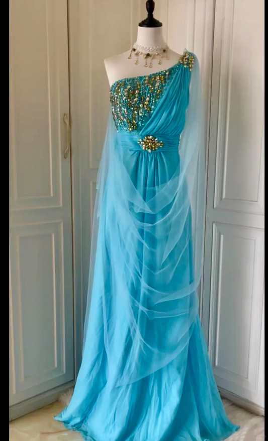 Stylish One Shoulder Blue Satin Tulle Beaded Mermaid Long Prom Dress Evening Dress D3093