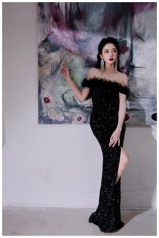 Glamorous Feathers Strapless Black Sequin Slit Mermaid Evening Dress Long Birthday Party Dress D2455