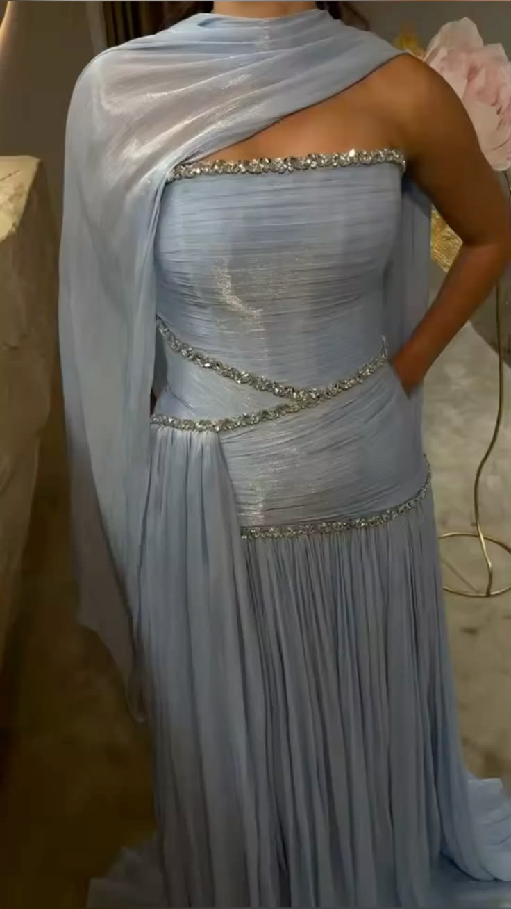 Elegant Blue Strapless Tulle Pleated Beaded A Line Long Party Dress Evening Gown D5100