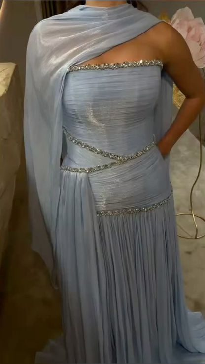 Elegant Blue Strapless Tulle Pleated Beaded A Line Long Party Dress Evening Gown D5100