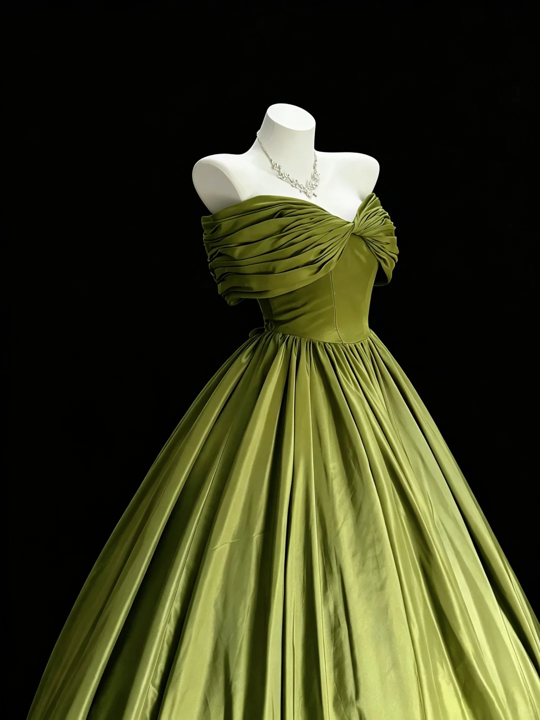 Classy Off The Shoulder Satin Long Evening Dress Olive Green Birthday Party Dress D5287