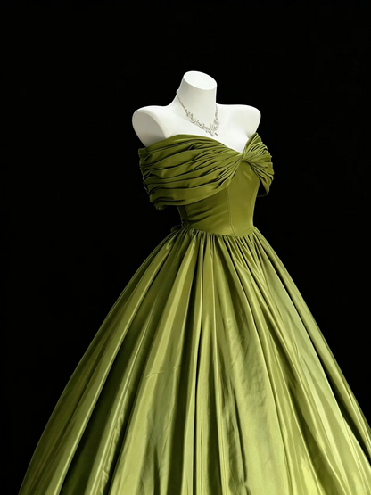 Classy Off The Shoulder Satin Long Evening Dress Olive Green Birthday Party Dress D5287