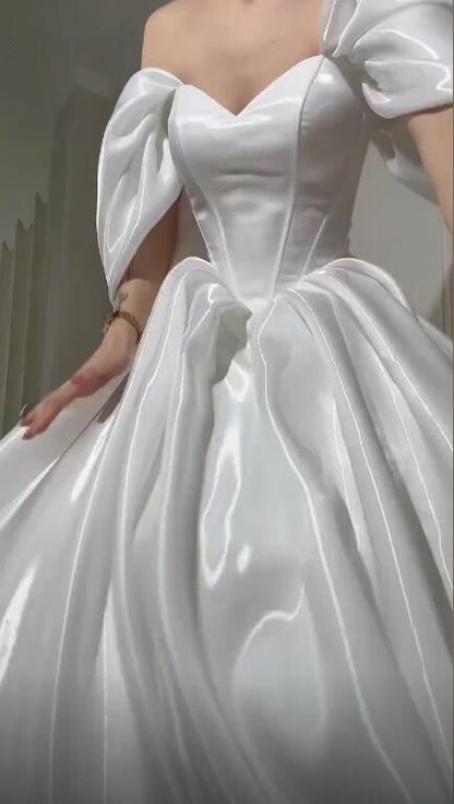 Elegant Off The Shoulder White Tulle Satin Long Party Dress Birthday Evening Dress D4753