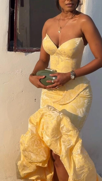 Chic Strapless Yellow Satin Print Floral Mermaid Long Party Dress Prom Dresses D4418
