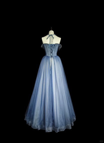 Charming Off The Shoulder Tulle Sequin Beaded Long Prom Dress Blue Evening Dress D5384