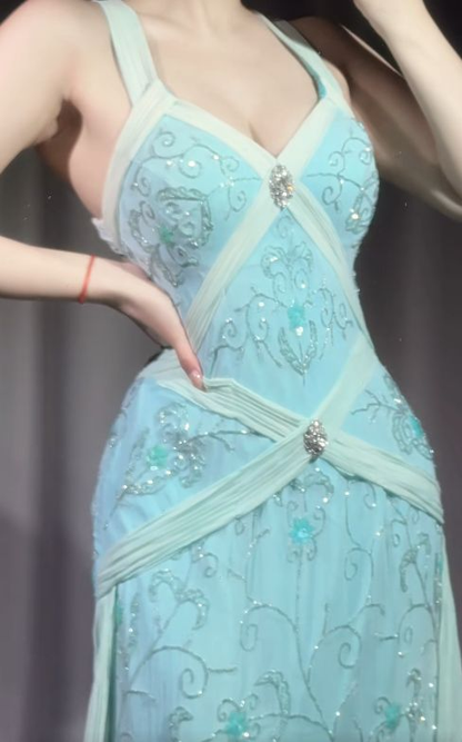 Classy Light Blue V Neck Chiffon Beaded Mermaid Long Party Dress Backless Evening Gown D1910